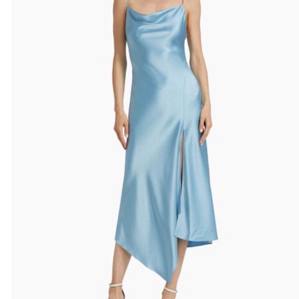 NWT! Alice + Olivia Sky Blue Satin Cowl Slip Dress with Side Slit